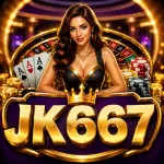 “JK667 Game online casino-style gaming app interface with vibrant neon lights, slot machines, and digital gaming elements, designed for mobile entertainment.