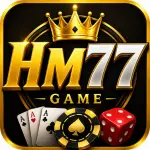 HM77 Game logo featuring gold and silver text with a crown, playing cards, poker chip, and dice on a dark background