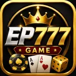 EP777 Game logo featuring bold golden and silver “EP777” text with a crown above it, set in a casino-style design with poker chips, playing cards, and dice on a dark luxurious background in a square 150x150 icon format.