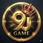 A square digital app icon with rounded corners featuring a premium gaming logo. The central element is a bold, polished golden text reading "9J" with a classic, jewel-encrusted royal crown with red velvet tilted on top of the "9".