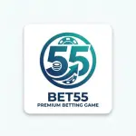 A square digital logo for a mobile application named "BET55" on a clean white background with rounded corners. The central emblem is a circular badge featuring a bold number "55" integrated with subtle casino imagery, including a roulette wheel border and betting chips, rendered in a dark blue to vibrant teal gradient. Below the circular emblem, the text "BET55" is written in a bold, dark blue sans-serif font, with the subtitle "PREMIUM BETTING GAME" written in smaller capital letters directly underneath.